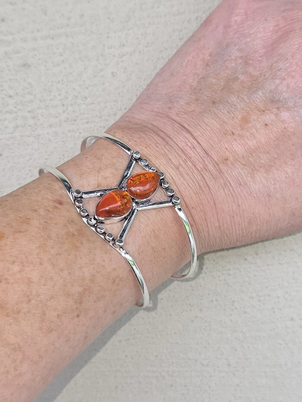 Baltic Amber Cuff Bracelet In 925 Sterling Silver (Adjustable)